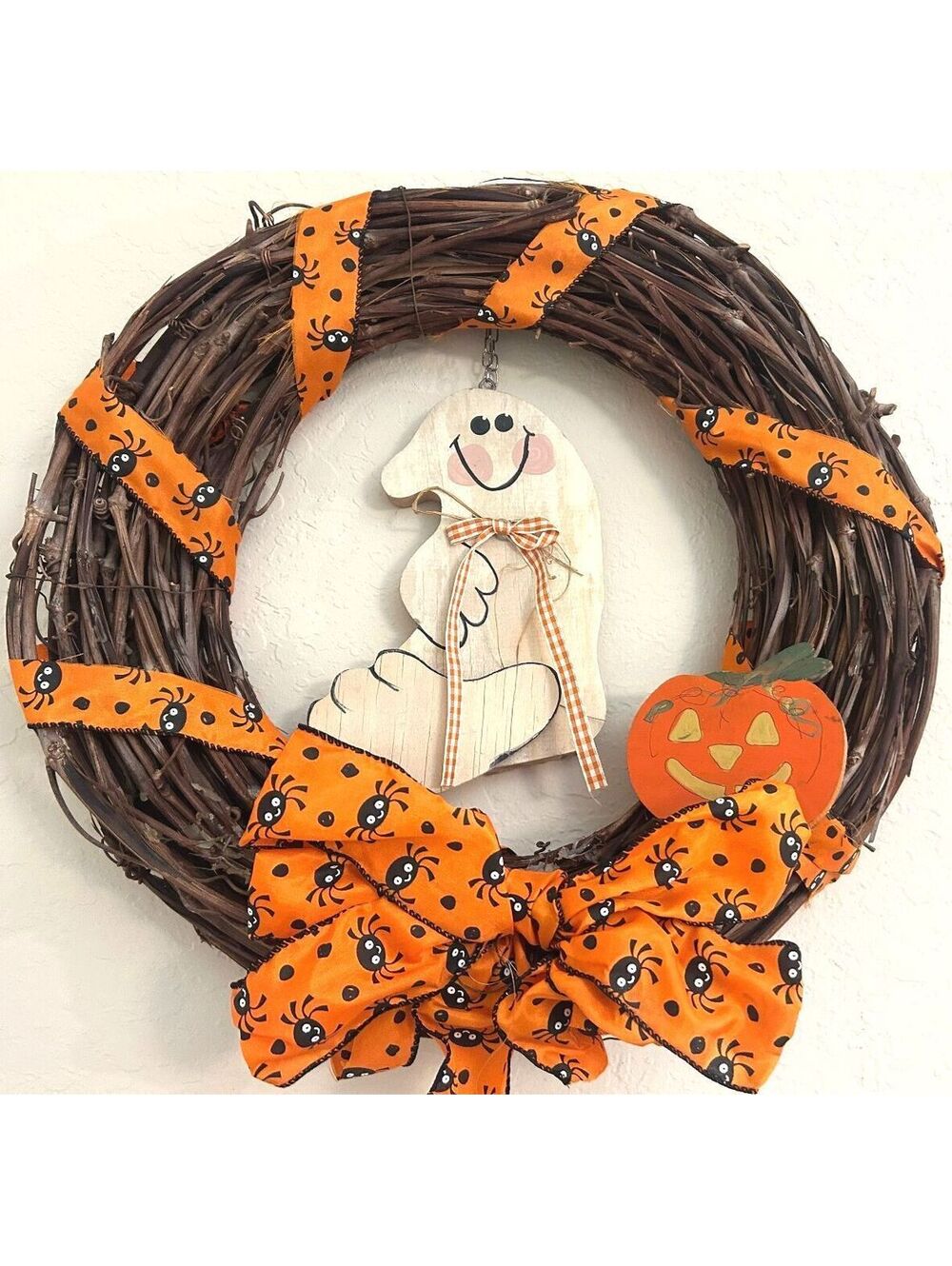 Handmade Halloween Grapevine Wreath Ghost Pumpkin Spider Ribbon Fall Door Decor